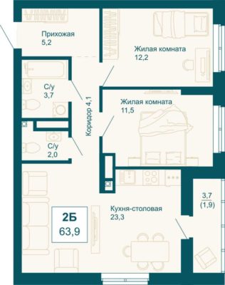 Дом 1 - Планировка двухкомнатной квартиры в ЖК Новая Ботаника-2 в Екатеринбурге