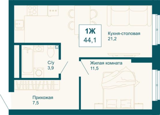 Дом 1 - Планировка однокомнатной квартиры в ЖК Новая Ботаника-2 в Екатеринбурге