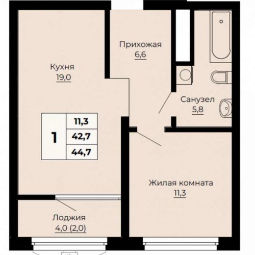 2 очередь | Дом 1.4 (№2 по ПГУ) - Планировка однокомнатной квартиры в ЖК Ольховский парк в Екатеринбурге