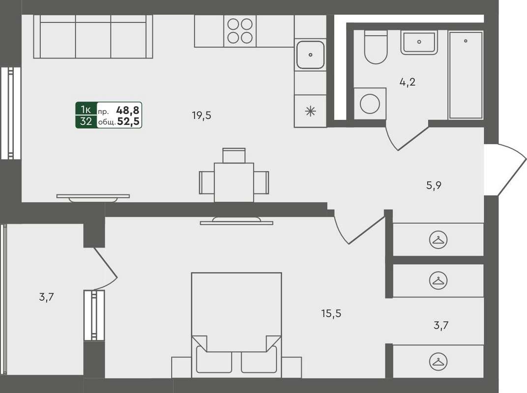 1-комнатная квартира 52,5 м² в доме 33.1 в ЖК Совушки в Екатеринбурге -  Купить по цене от застройщика