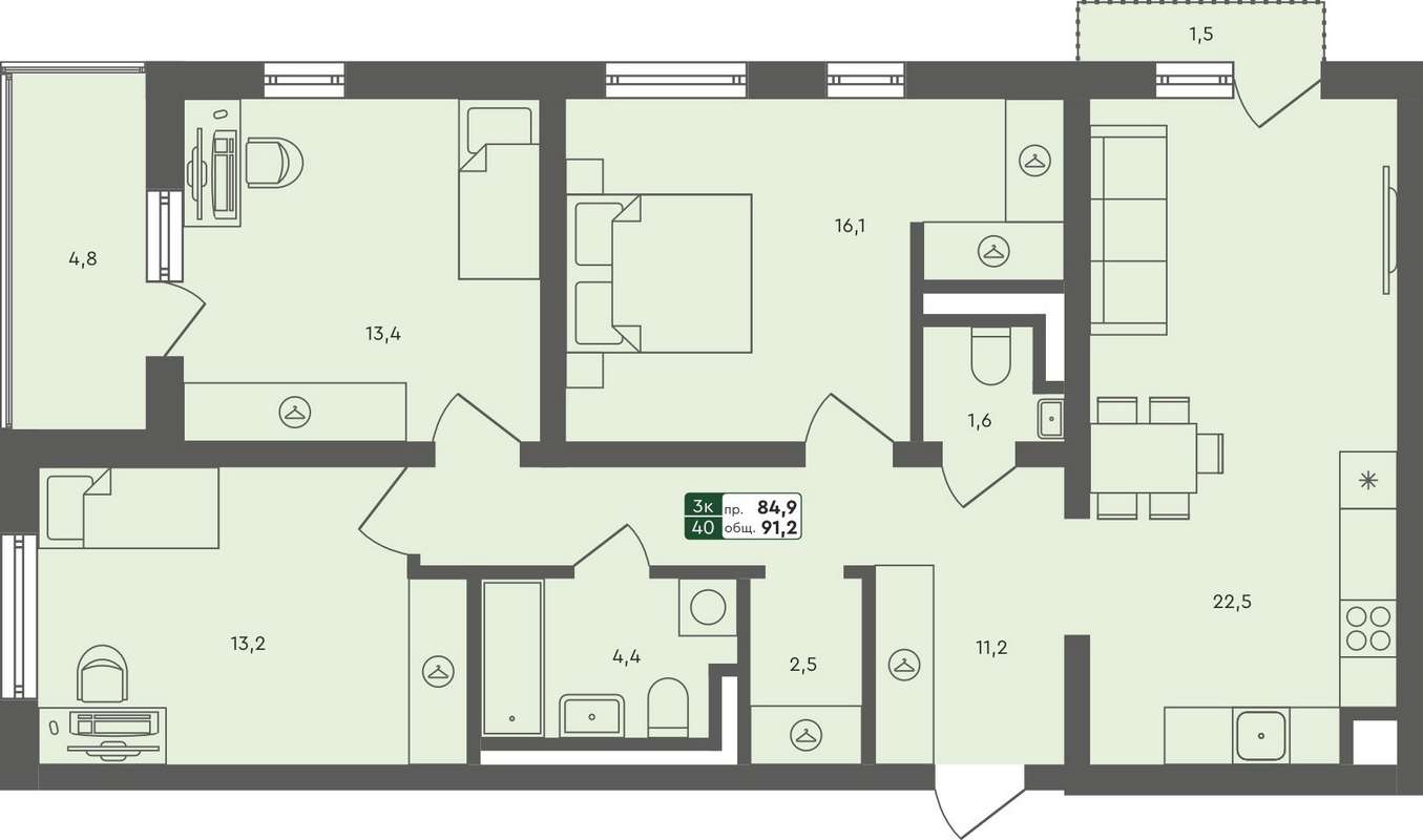 1-комнатная квартира 32,6 м² в 3 секции дома №3 в ЖК PROGRESS Академический  в Екатеринбурге - Купить по цене от застройщика