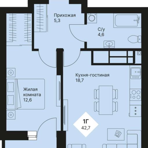 Дом 4 - Планировка однокомнатной квартиры в ЖК Веер Парк в Екатеринбурге