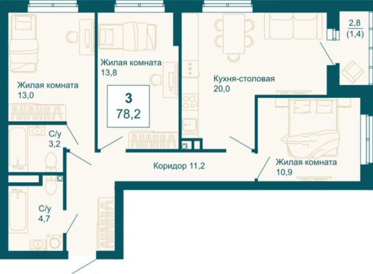 Дом 1 - Планировка трехкомнатной квартиры (и больше) в ЖК Новая Ботаника-2 в Екатеринбурге