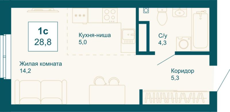 Дом 1 - Планировка студии в ЖК Новая Ботаника-2 в Екатеринбурге
