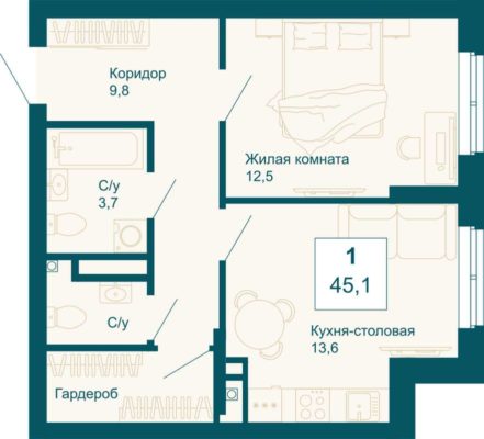 Дом 1 - Планировка однокомнатной квартиры в ЖК Новая Ботаника-2 в Екатеринбурге