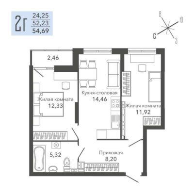 Дом 1 - Планировка двухкомнатной квартиры в ЖК Шишкин Арт в Верхней Пышме