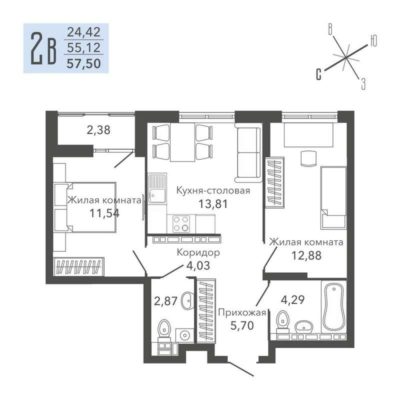 Дом 1 - Планировка двухкомнатной квартиры в ЖК Шишкин Арт в Верхней Пышме