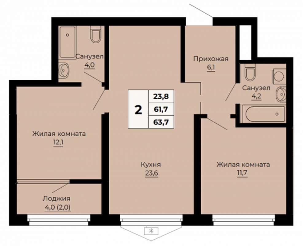 2-комнатная квартира 63,7 м² в доме 1.4 (2 ПЗУ) в ЖК Ольховский парк в  Екатеринбурге - Купить по цене от застройщика