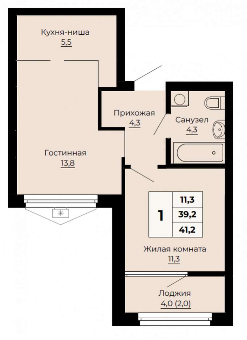 1-комнатная квартира 41,2 м² в доме 1.4 (2 ПЗУ) в ЖК Ольховский парк в  Екатеринбурге - Купить по цене от застройщика