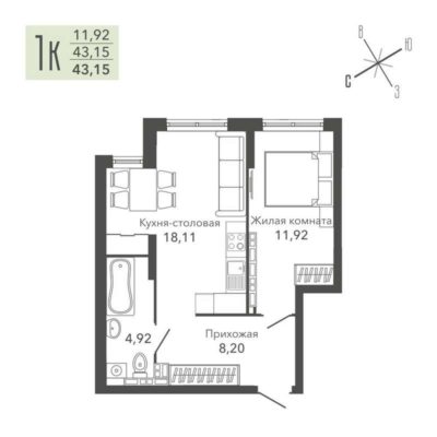 Дом 1 - Планировка однокомнатной квартиры в ЖК Шишкин Арт в Верхней Пышме