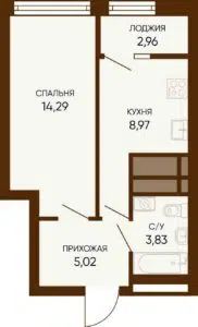Дом 1 - Планировка однокомнатной квартиры в ЖК Тишина-2 в Екатеринбурге