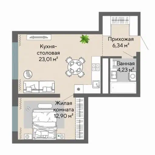 Дом 1 - Планировка однокомнатной квартиры в ЖК Настоящий в Екатеринбурге