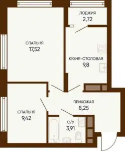 Дом 1 - Планировка двухкомнатной квартиры в ЖК Тишина-2 в Екатеринбурге