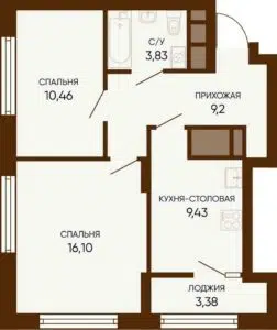 Дом 1 - Планировка двухкомнатной квартиры в ЖК Тишина-2 в Екатеринбурге