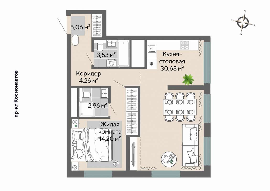 1-комнатная квартира 60,8 м² в ЖК Настоящий в Екатеринбурге - Купить по  цене от застройщика