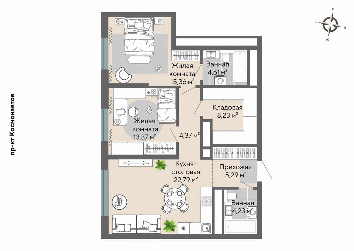 2-комнатная квартира 78,3 м² в ЖК Настоящий в Екатеринбурге - Купить по  цене от застройщика