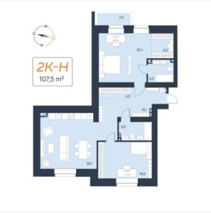 Дом 1 (5 секция ЖК Архитектон) - Планировка двухкомнатной квартиры в ЖК Архидом в Екатеринбурге