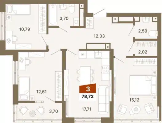 Планировка трехкомнатной квартиры (и больше) в ЖК Трилогия в Екатеринбурге