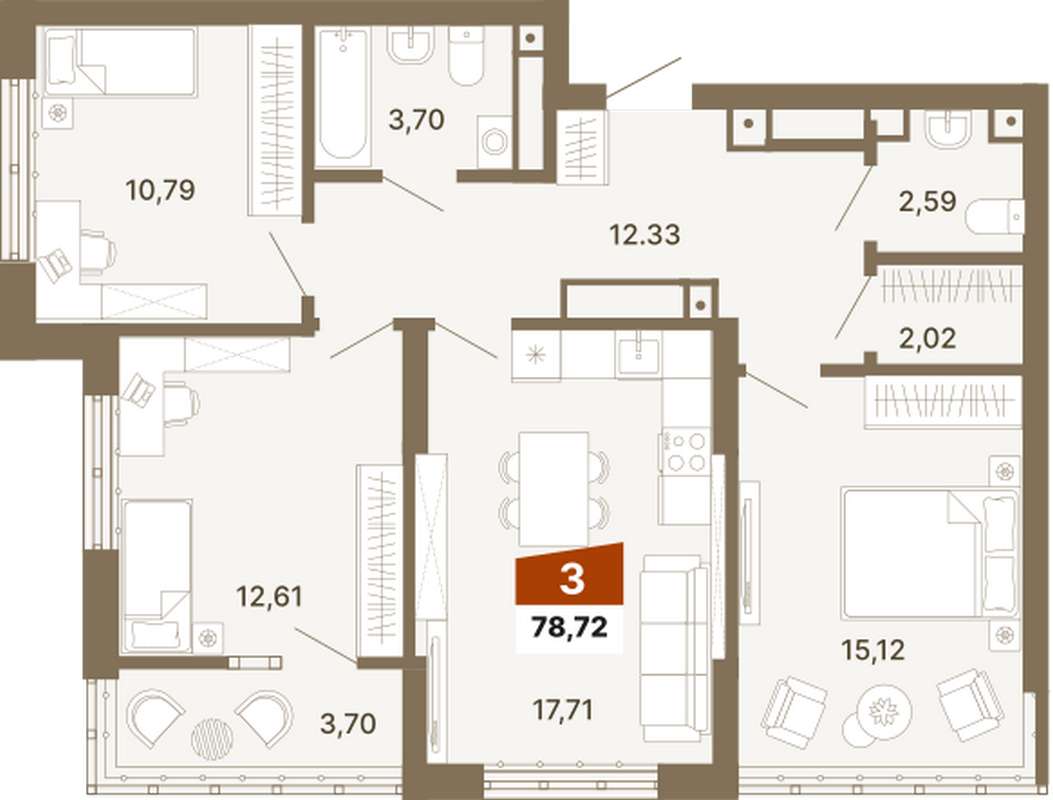 3-комнатная квартира 78,79 м² в ЖК Трилогия в Екатеринбурге - Купить по цене  от застройщика