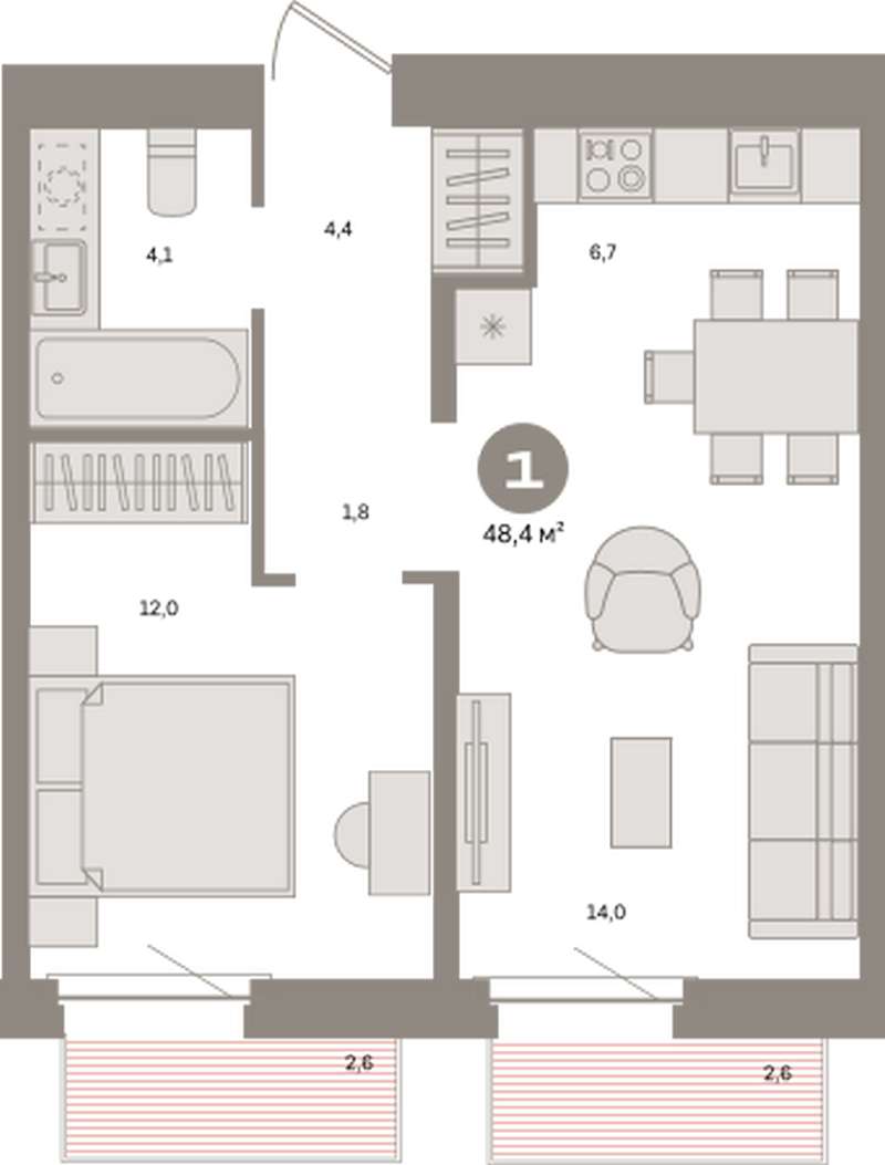 1-комнатная квартира 48,4 м² в ЖК Южные кварталы в Екатеринбурге - Купить  по цене от застройщика