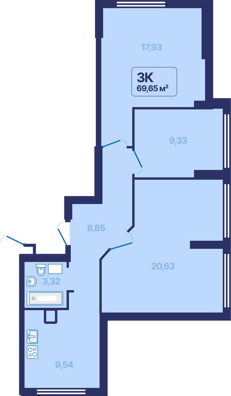 3-комнатная квартира 69,65 м² в ЖК 9 космонавтов в Екатеринбурге - Купить  по цене от застройщика