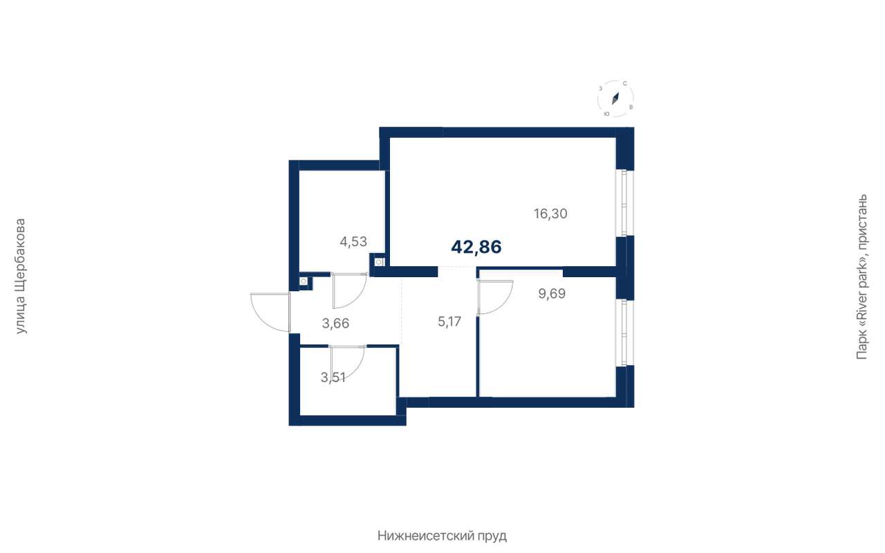 1-комнатная квартира 42,86 м² в 1 корпусе в ЖК Атлас Ривер в Екатеринбурге  - Купить по цене от застройщика