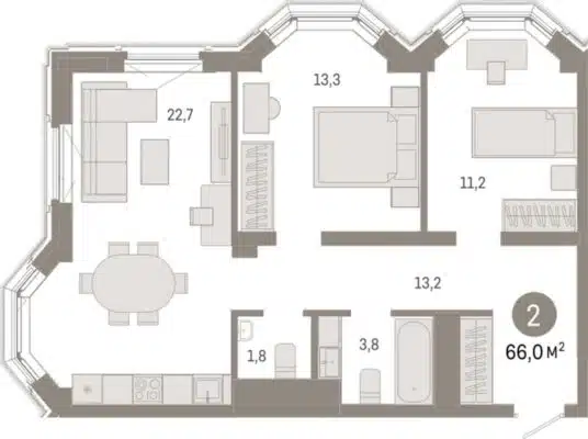 Дом 2 - Планировка двухкомнатной квартиры в ЖК на Некрасова в Екатеринбурге