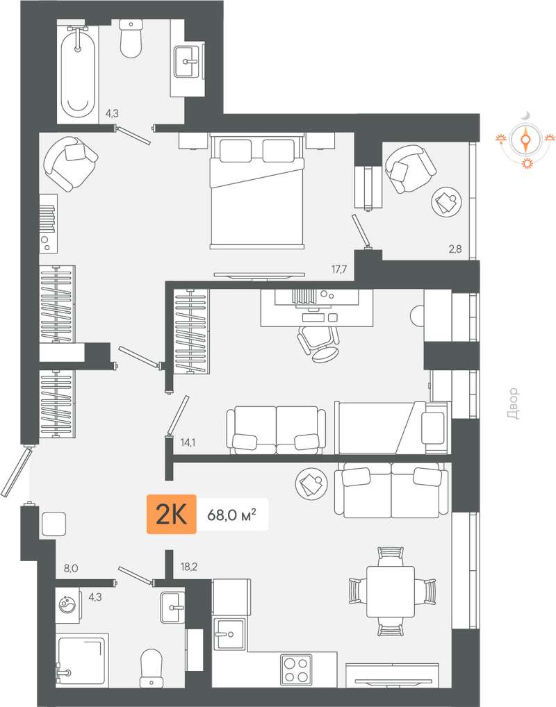 2-комнатная квартира 68 м² в 3 очереди в ЖК Zori в Березовском - Купить по  цене от застройщика