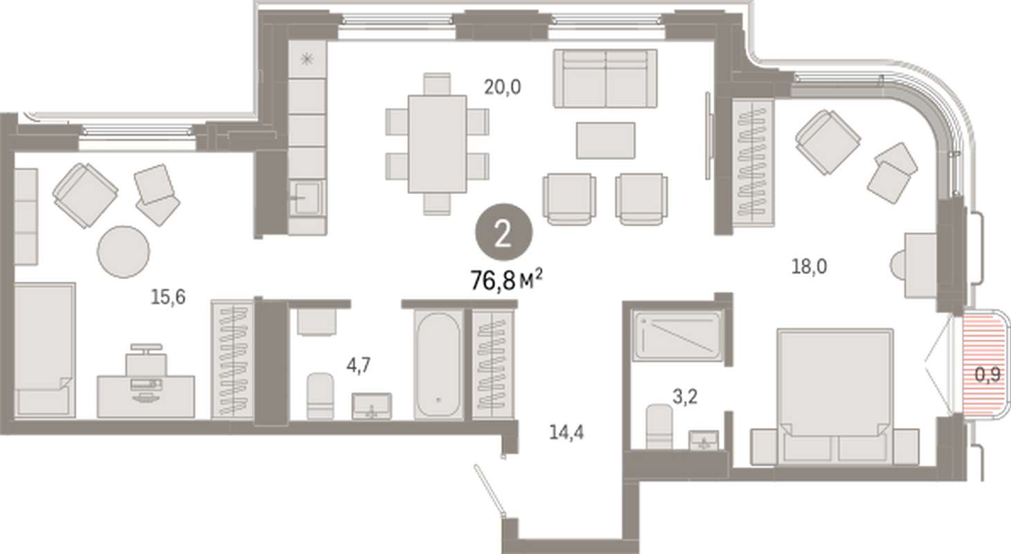 2-комнатная квартира 76,8 м² во 2 доме в ЖК на Некрасова в Екатеринбурге -  Купить по цене от застройщика