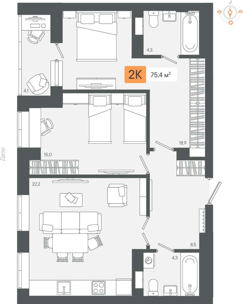 2-комнатная квартира 75,4 м² в 3 очереди в ЖК Zori в Березовском - Купить  по цене от застройщика