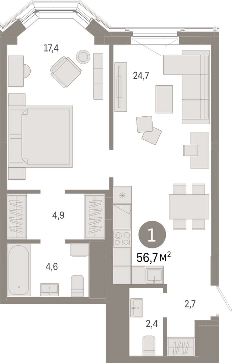 1-комнатная квартира 56,7 м² во 2 доме в ЖК на Некрасова в Екатеринбурге -  Купить по цене от застройщика