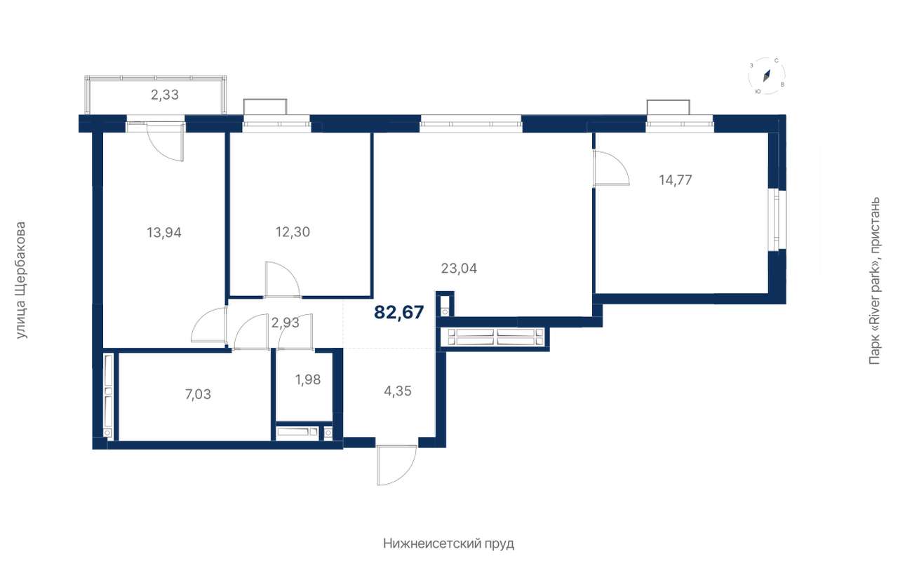 3-комнатная квартира 82,67 м² в 1 корпусе в ЖК Атлас Ривер в Екатеринбурге  - Купить по цене от застройщика