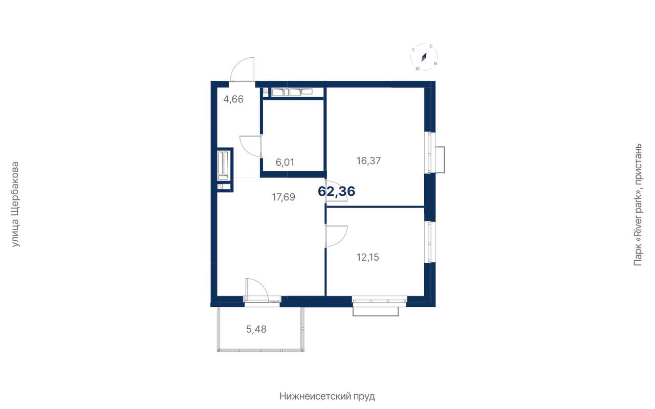 2-комнатная квартира 62,36 м² во 2 секции в ЖК Атлас Ривер в Екатеринбурге  - Купить по цене от застройщика