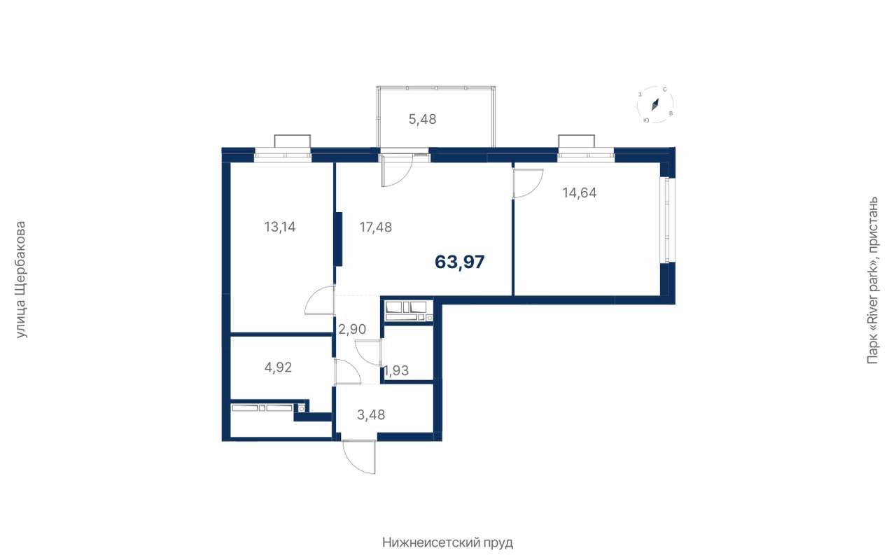 2-комнатная квартира 63,97 м² во 2 секции в ЖК Атлас Ривер в Екатеринбурге  - Купить по цене от застройщика