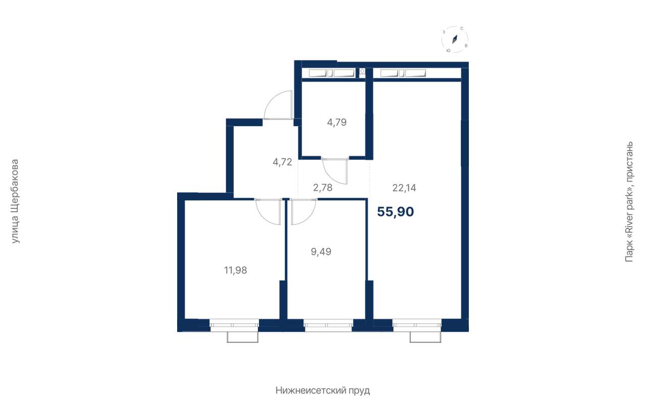 2-комнатная квартира 55,90 м² в 1 корпусе в ЖК Атлас Ривер в Екатеринбурге  - Купить по цене от застройщика