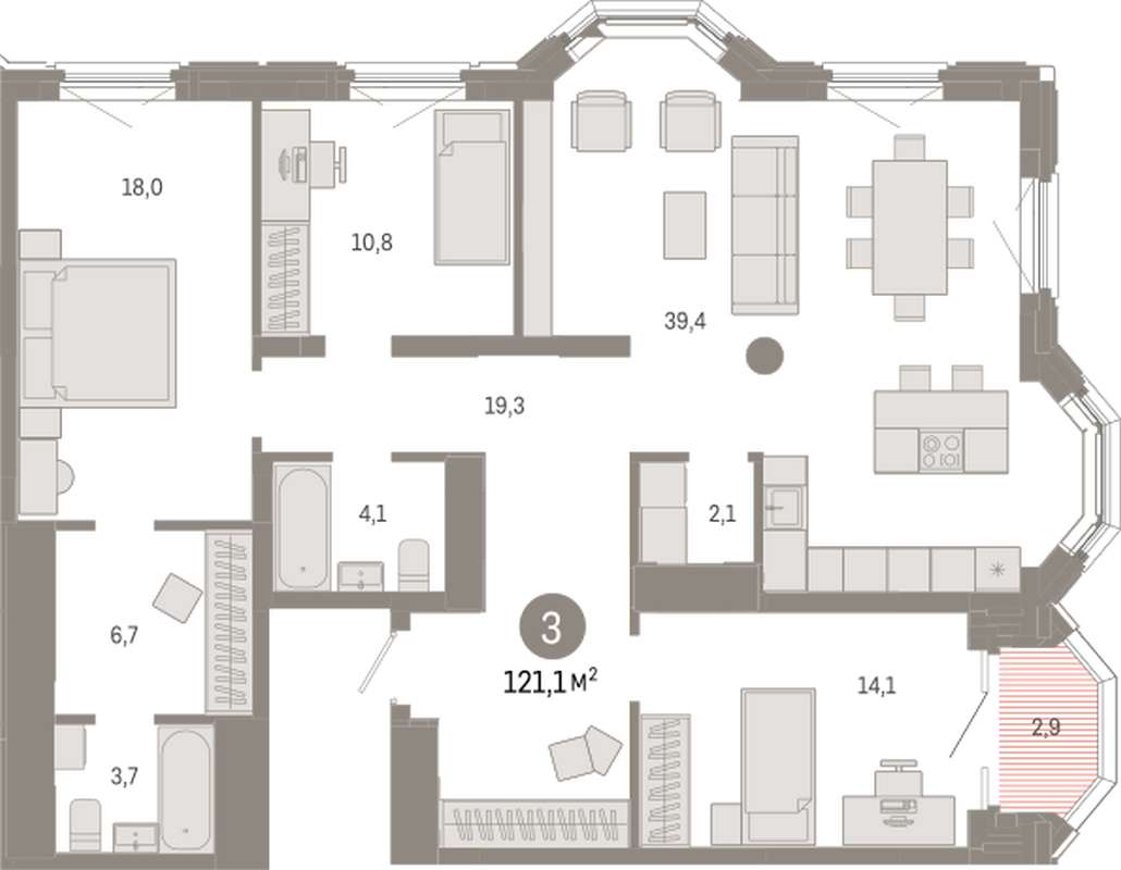 3-комнатная квартира 121,1 м² во 2 доме в ЖК на Некрасова в Екатеринбурге -  Купить по цене от застройщика