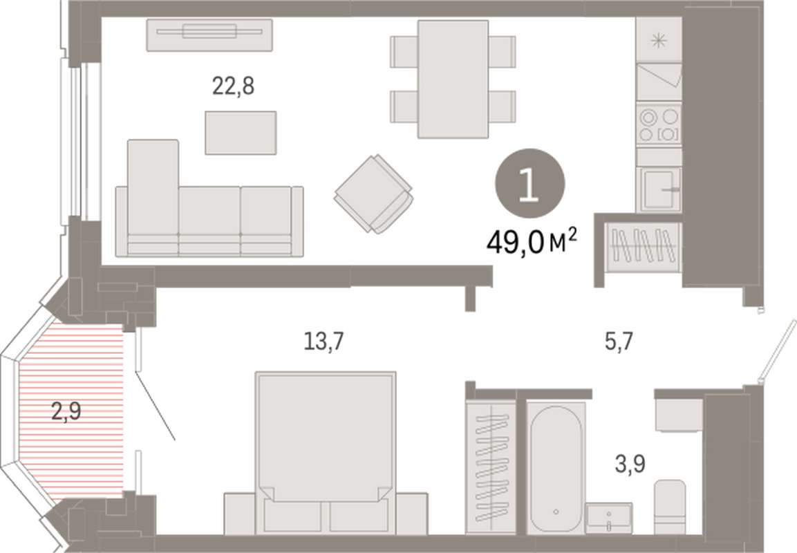 1-комнатная квартира 49 м² во 2 доме в ЖК на Некрасова в Екатеринбурге -  Купить по цене от застройщика