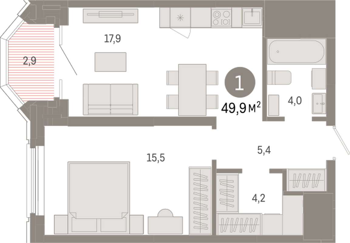 1-комнатная квартира 49,9 м² во 2 доме в ЖК на Некрасова в Екатеринбурге -  Купить по цене от застройщика