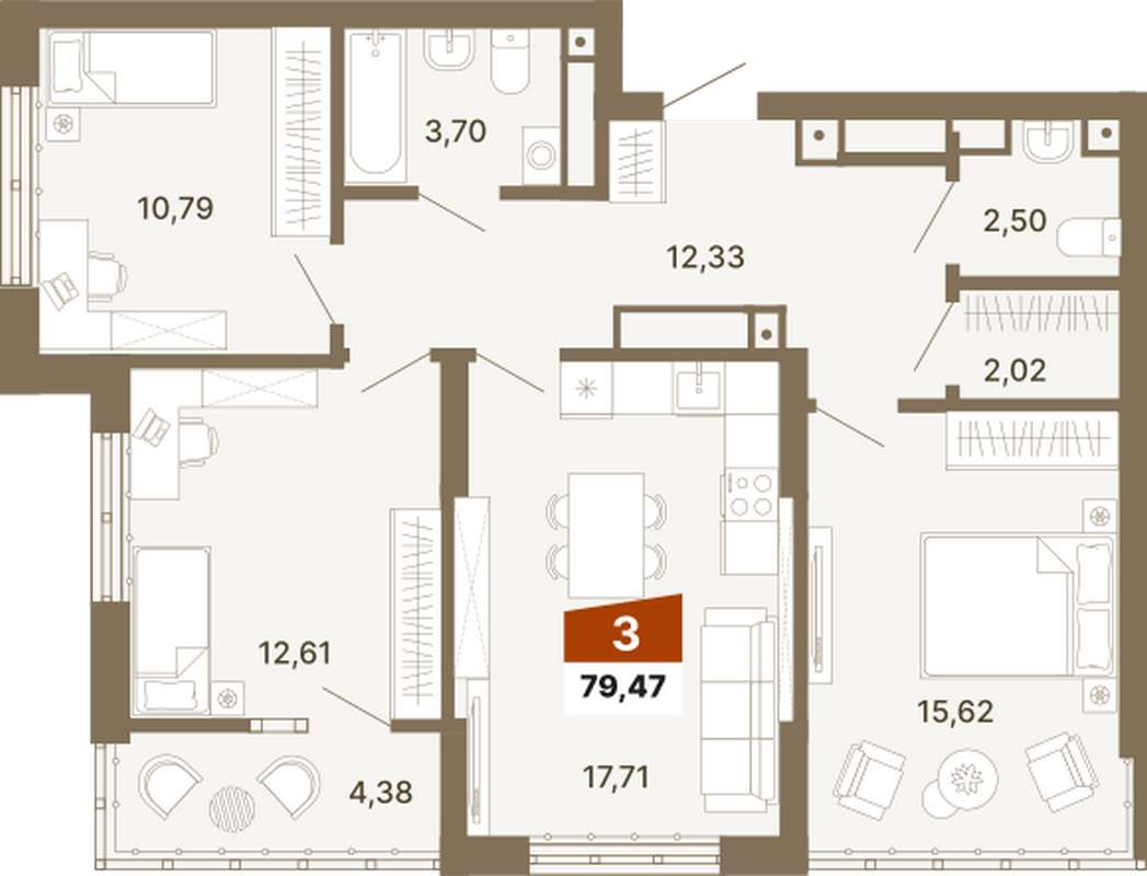 3-комнатная квартира 79,41 м² в ЖК Трилогия в Екатеринбурге - Купить по  цене от застройщика