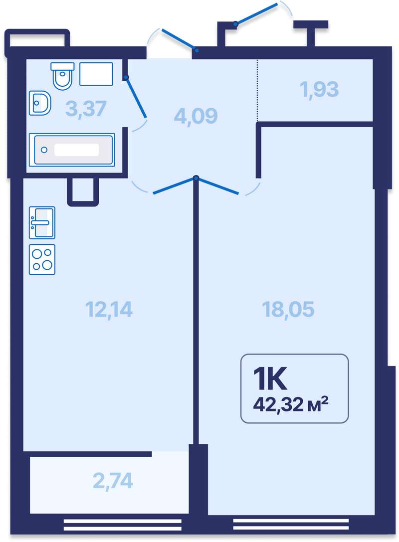 1-комнатная квартира 42,32 м² в ЖК 9 космонавтов в Екатеринбурге - Купить  по цене от застройщика