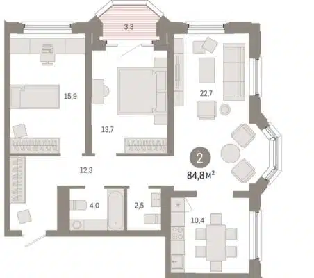 Дом 3 - Планировка двухкомнатной квартиры в ЖК на Некрасова в Екатеринбурге