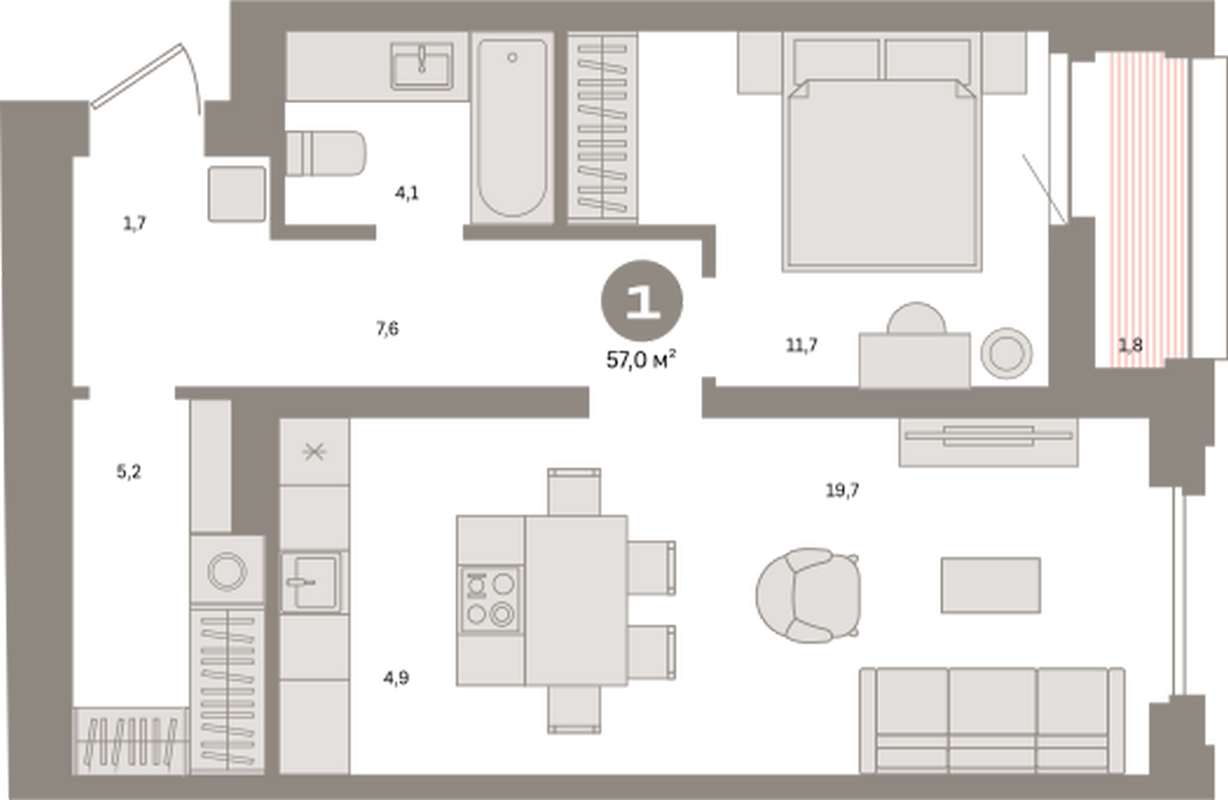 1-комнатная квартира 57 м² в ЖК Южные кварталы в Екатеринбурге - Купить по  цене от застройщика