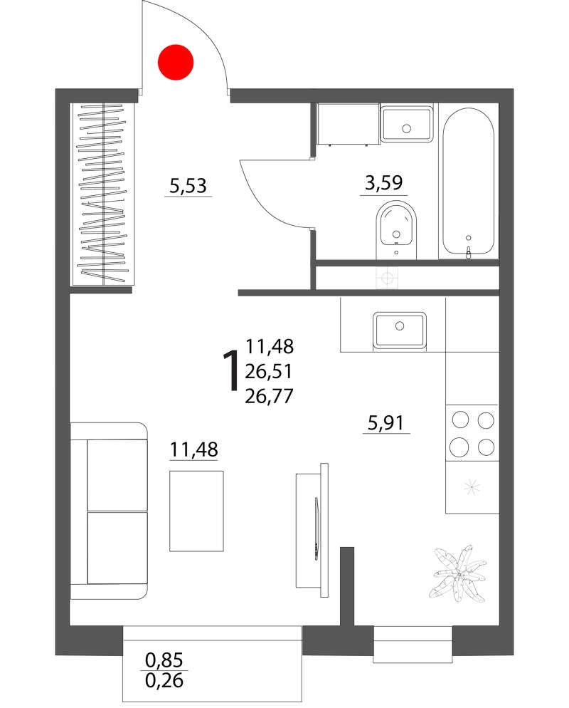 Квартира-студия 26,77 м² в доме на Габдуллы Тукая 2а в ЖК Брусницын-парк в  Березовском - Купить по цене от застройщика