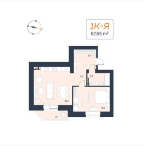 Дом 1 (5 секция ЖК Архитектон) - Планировка однокомнатной квартиры в ЖК Архидом в Екатеринбурге