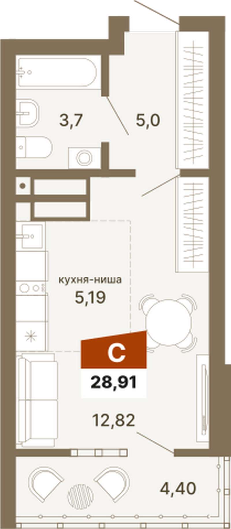 Квартира-студия 28,91 м² в ЖК Трилогия в Екатеринбурге - Купить по цене от  застройщика