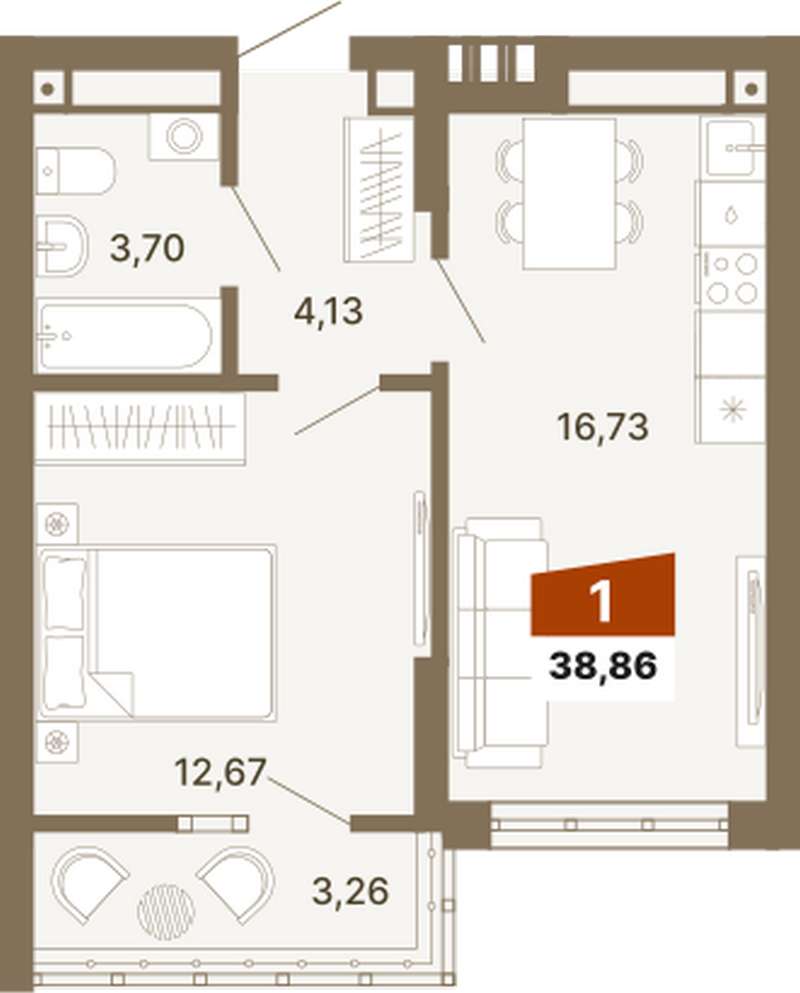 1-комнатная квартира 38,86 м² в ЖК Трилогия в Екатеринбурге - Купить по  цене от застройщика