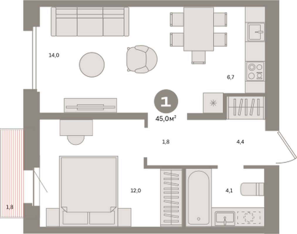 1-комнатная квартира 45 м² в ЖК Южные кварталы в Екатеринбурге - Купить по  цене от застройщика