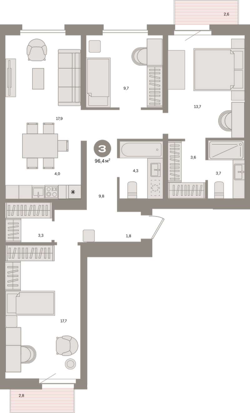 3-комнатная квартира 96,4 м² в 11 доме в ЖК Южные кварталы в Екатеринбурге  - Купить по цене от застройщика