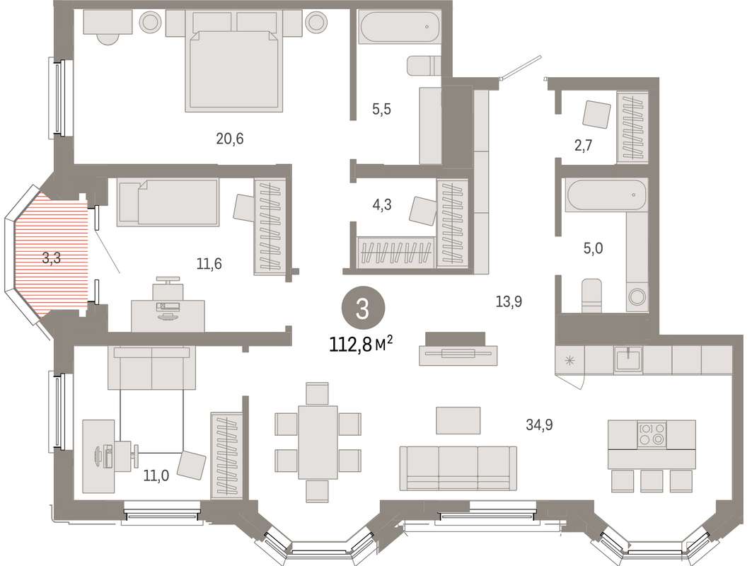 3-комнатная квартира 112,8 м² в 3 доме в ЖК на Некрасова в Екатеринбурге -  Купить по цене от застройщика