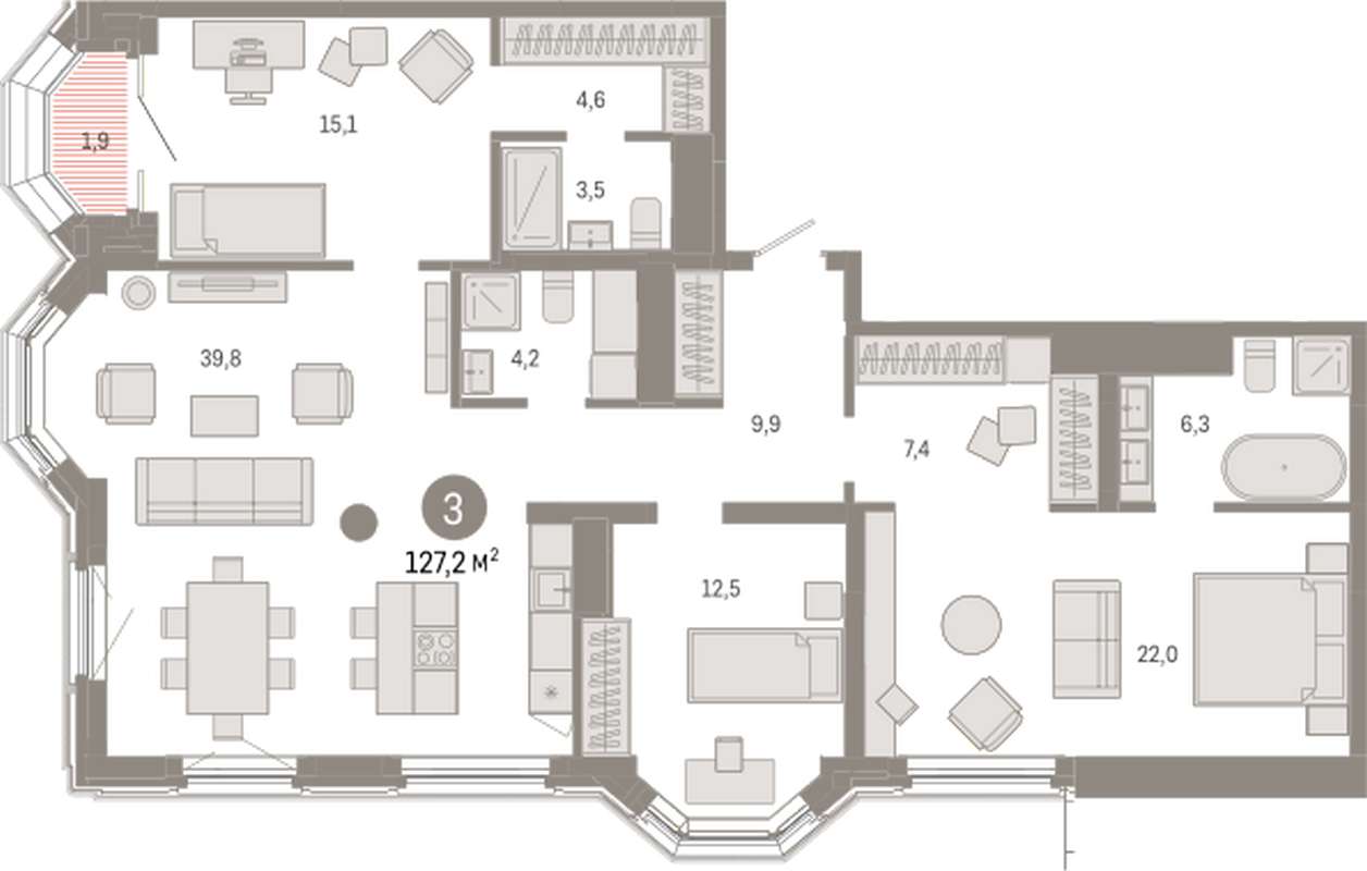 3-комнатная квартира 127,2 м² во 2 доме в ЖК на Некрасова в Екатеринбурге -  Купить по цене от застройщика